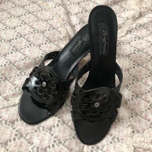 Brighton Black Laser-Cut Tulip Slide Heels with Rhinestone Accent in size 10M.